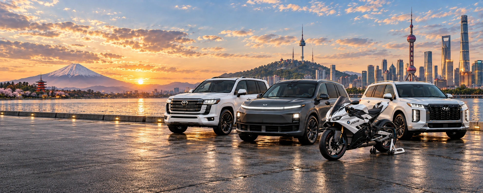 Toyota Land Cruiser, Li Auto L9, Hyundai Palisade и BMW S 1000 RR на фоне достопримечательностей Японии, Кореи и Китая на закате